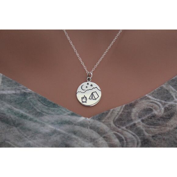 Sterling Silver Camping Necklace, Silver Campfire Mountain Scene Necklace - Picture 1 of 3